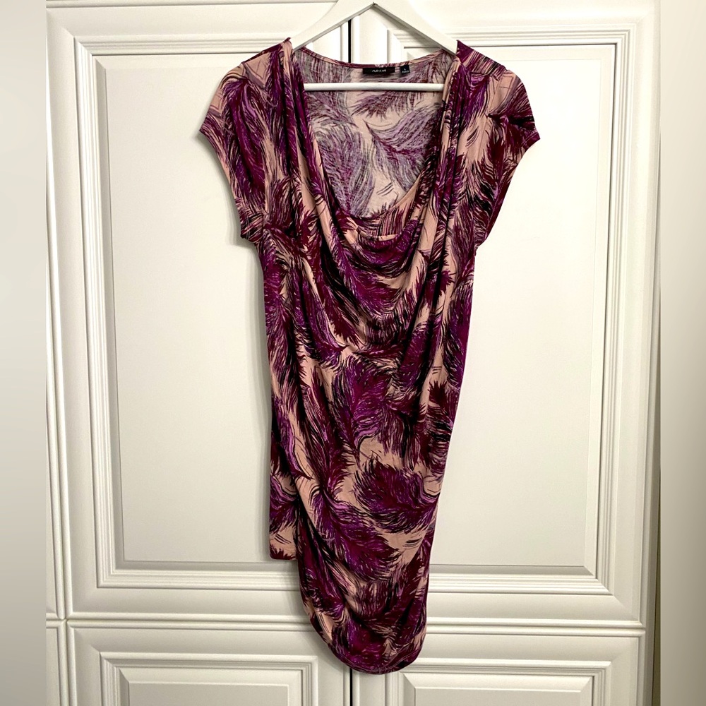Apt 9 Women Sz Large Purple Pink Scoop Neck Short Sleeve Ruched Knit Midi Dress